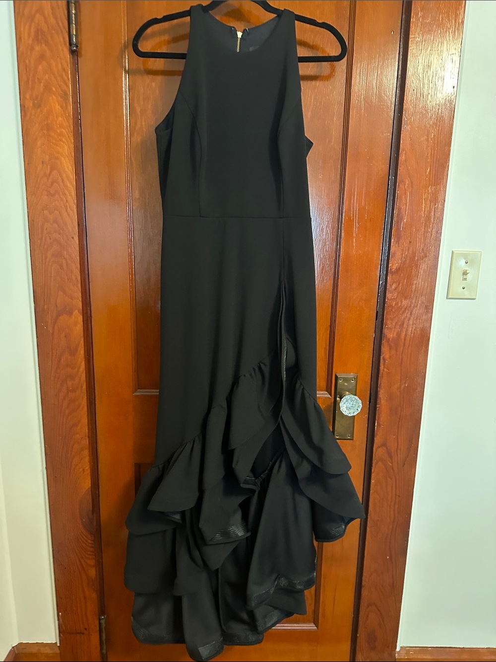 Betsy & Adam Black Halter Maxi Dress with Dramatic Ruffle Hem